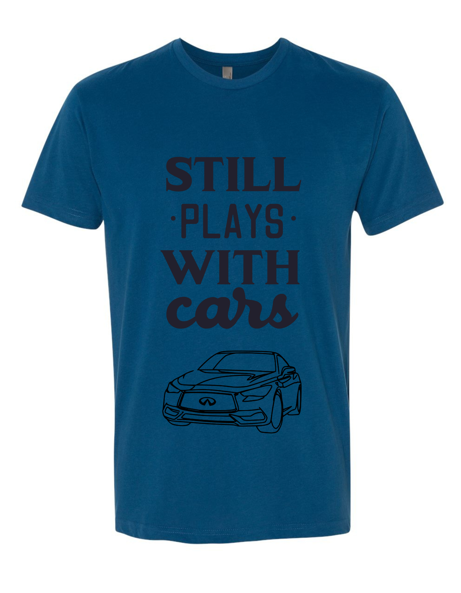 Front of DNE/DIE Still Plays With Cars Infiniti Sueded Crew Neck in Cool Blue