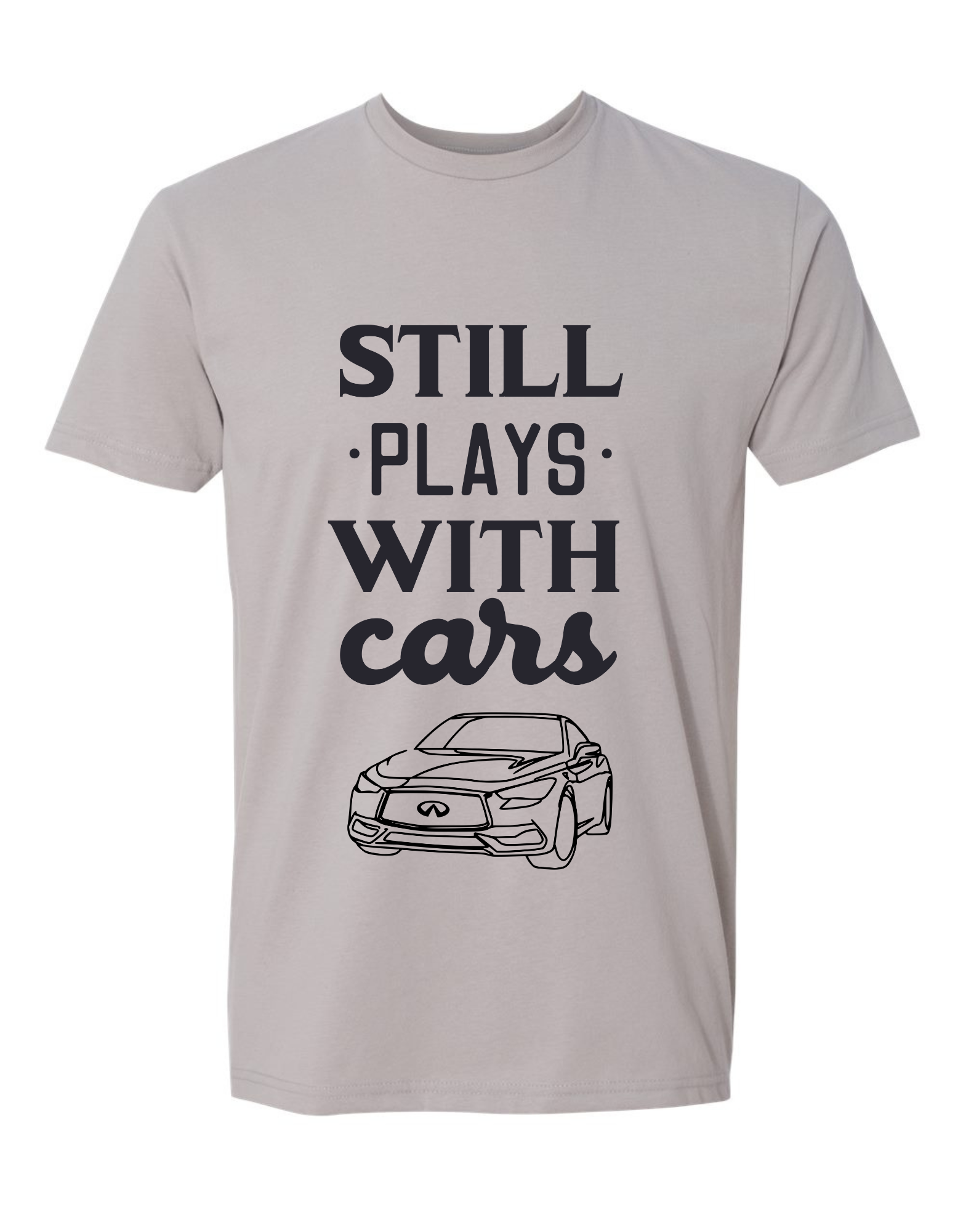 Front of DNE/DIE Still Plays With Cars Infiniti Sueded Crew Neck in Light Gray